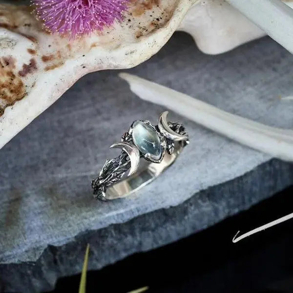 Ring with double crystal crescent moon