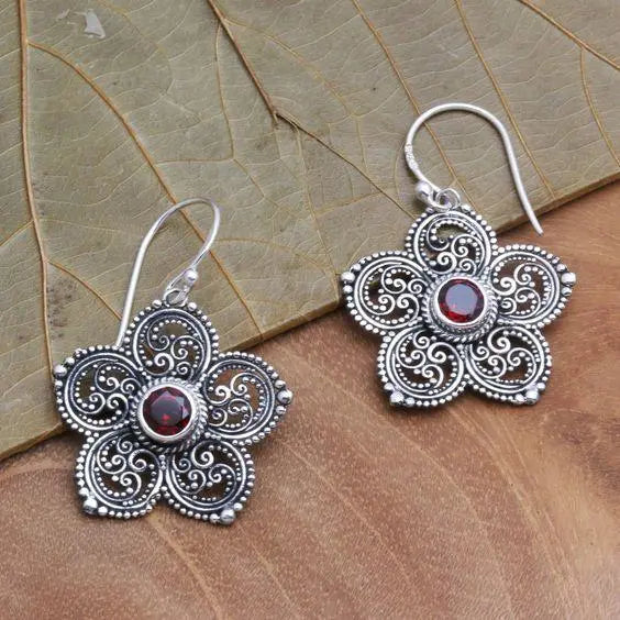 Mandala earrings with red crystal in vintage style