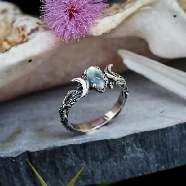 Ring with double crystal crescent moon