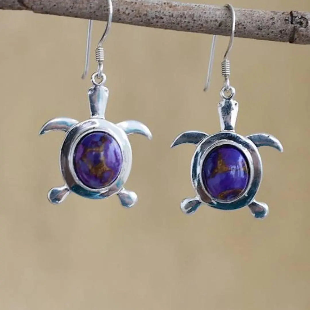 Boho turtle earrings with opal in sterling silver