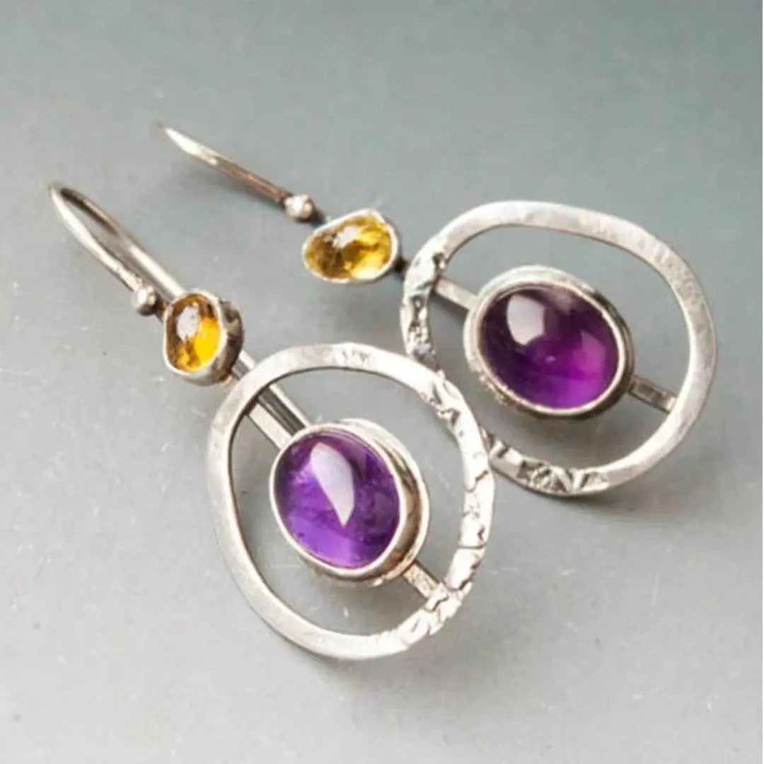 Round boho earrings with amethyst in silver