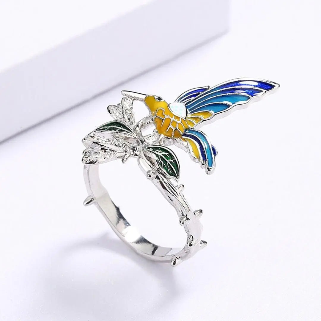Hand-painted silver ring with bird