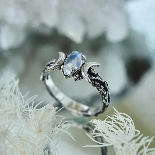 Ring with double crystal crescent moon