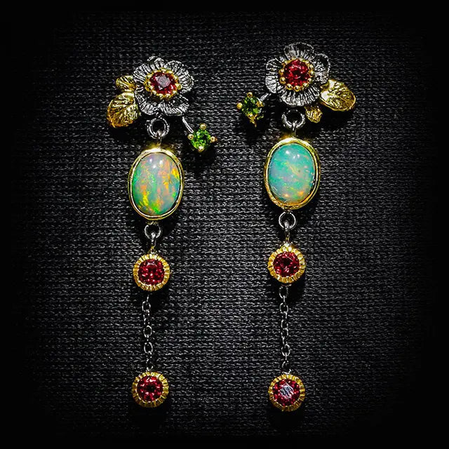 Boho earrings with opal and red zircons
