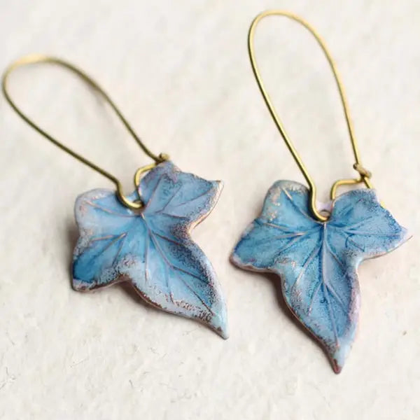 Leaf-shaped earrings with blue enamel