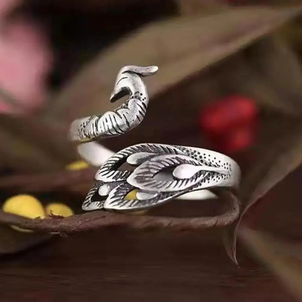 Silver ring with peacock in vintage style