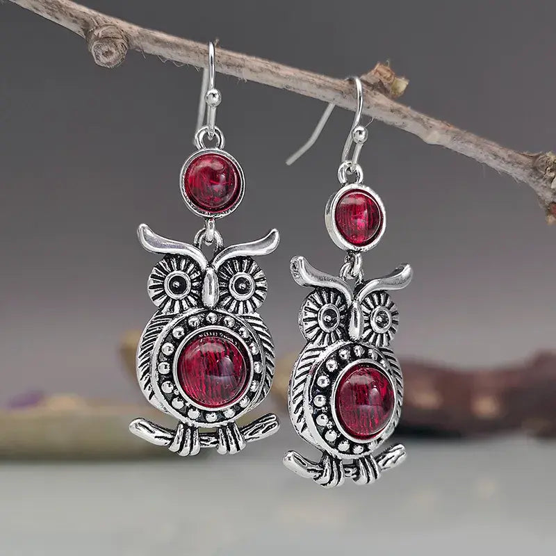 Vintage style red owl earrings