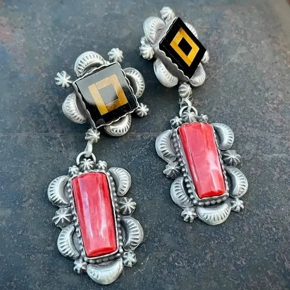 Rectangular vintage earrings with red stone