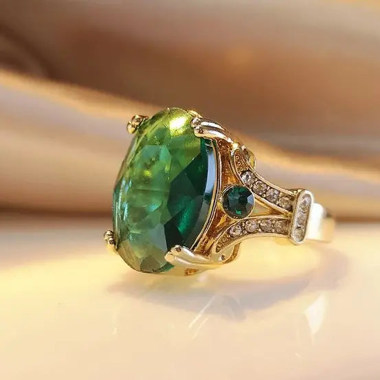 Boho ring with green gold crystal