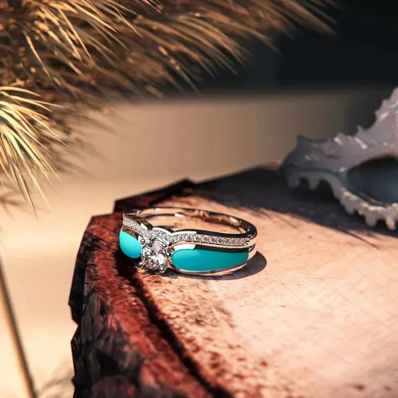 Turquoise ring with zircons in vintage style