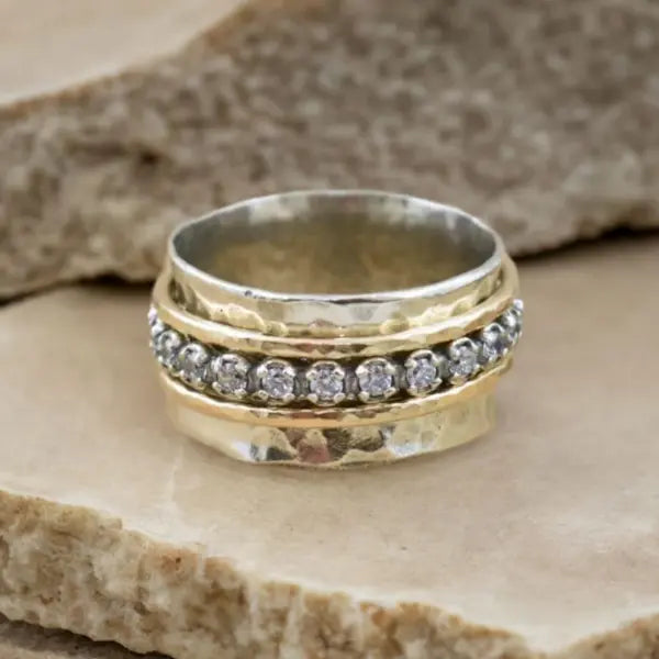 Gold and silver ring with zircons in vintage style