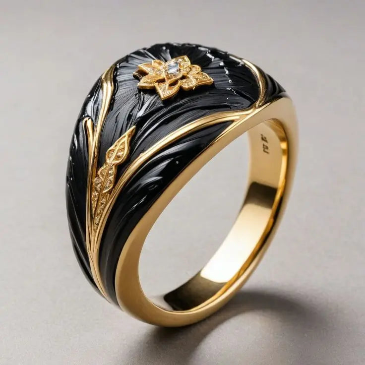 Ring with black enamel in old gold color