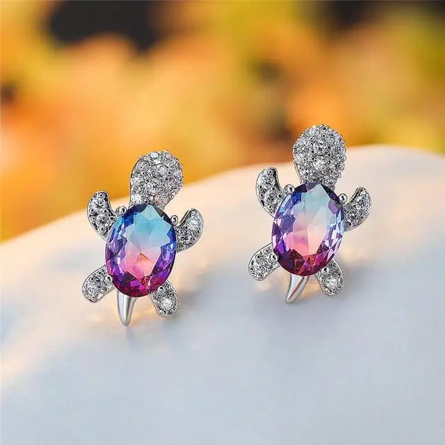 Sea turtle earrings with zirconia and silver
