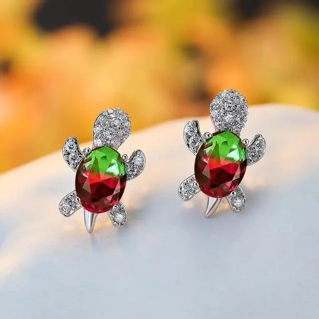 Sea turtle earrings with zirconia and silver