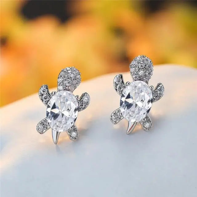 Sea turtle earrings with zirconia and silver