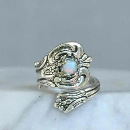 Adjustable spoon ring with white opal