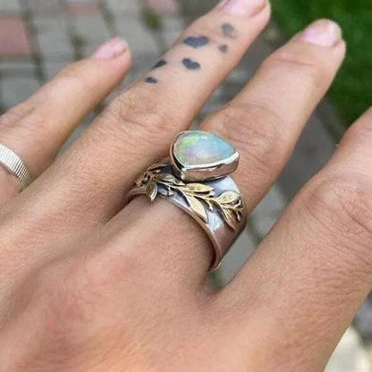 Geometric leaf-shaped opal ring