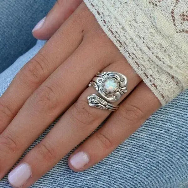 Adjustable spoon ring with white opal