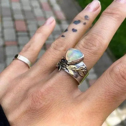 Geometric leaf-shaped opal ring