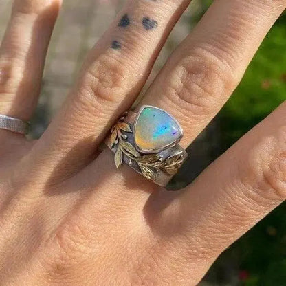Geometric leaf-shaped opal ring