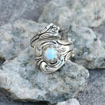 Adjustable spoon ring with white opal