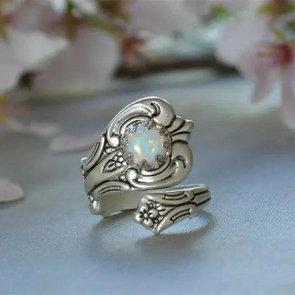 Adjustable spoon ring with white opal