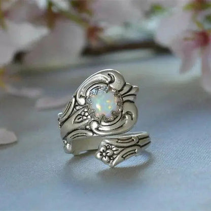 Adjustable spoon ring with white opal