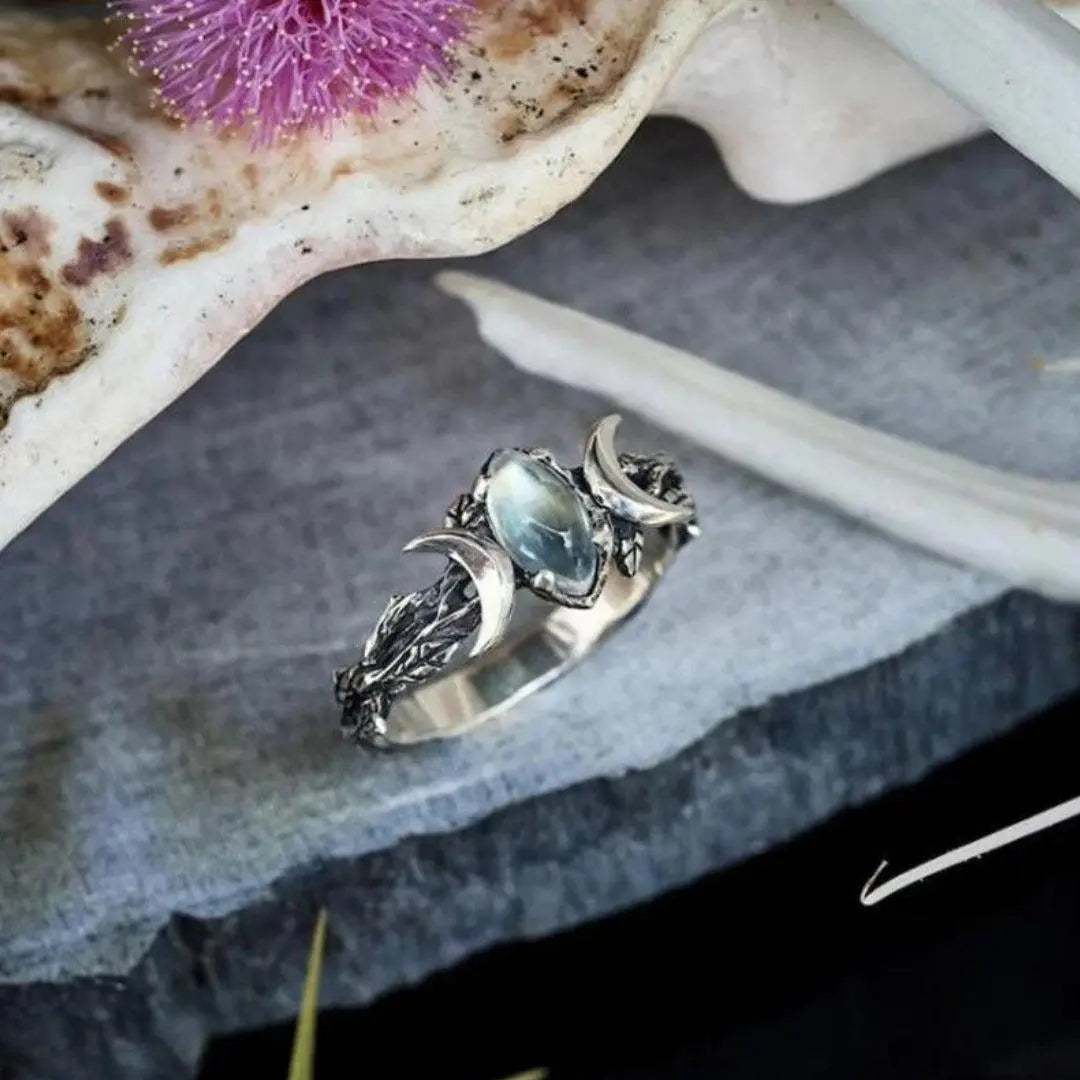 Ring with double crystal crescent moon