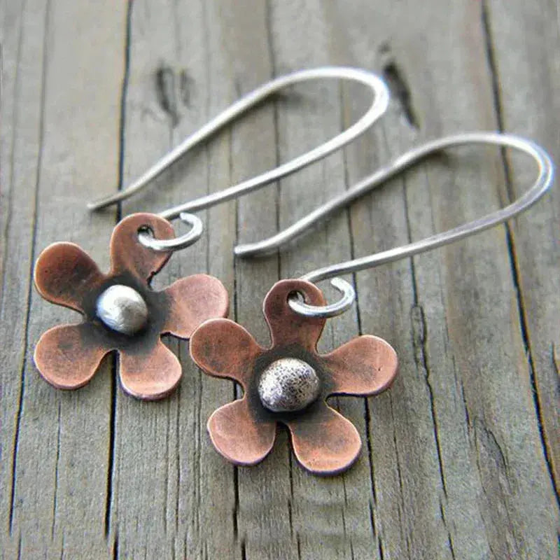 Boho earrings with bronze flower in sterling silver