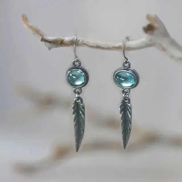 Vintage style blue crystal feather earrings