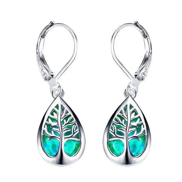 Earrings with opal and silver in the shape of a tree of life