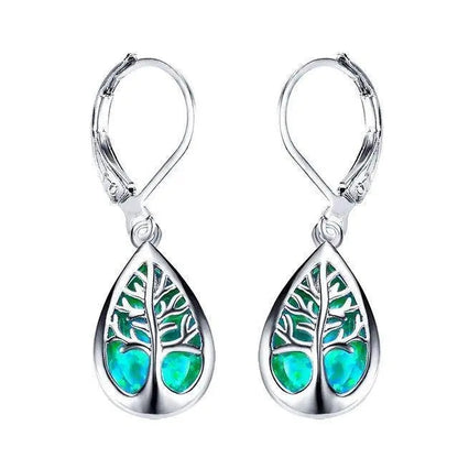Earrings with opal and silver in the shape of a tree of life