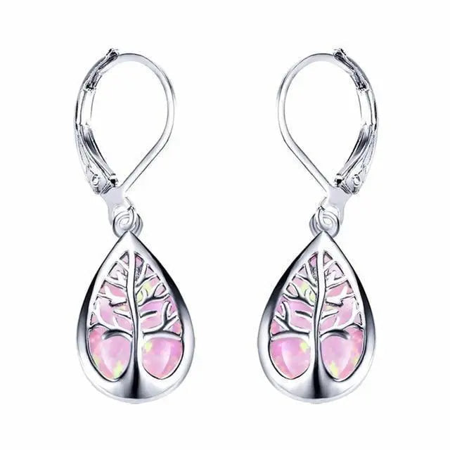 Earrings with opal and silver in the shape of a tree of life