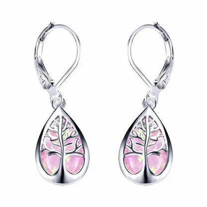 Earrings with opal and silver in the shape of a tree of life
