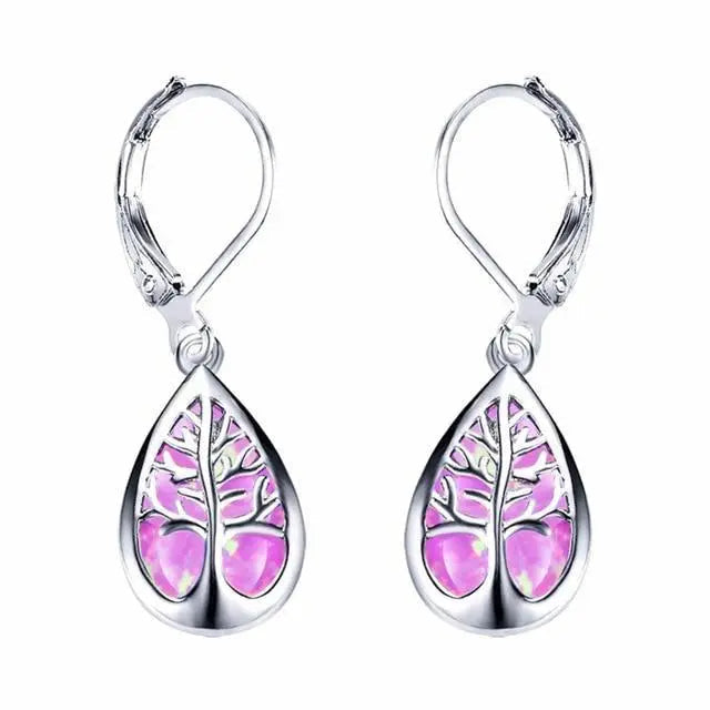 Earrings with opal and silver in the shape of a tree of life