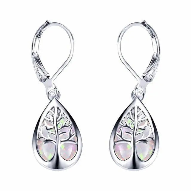 Earrings with opal and silver in the shape of a tree of life