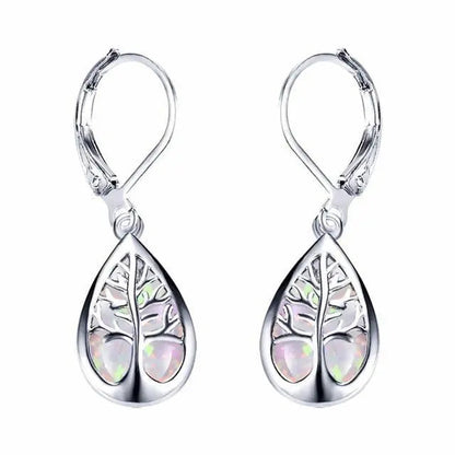 Earrings with opal and silver in the shape of a tree of life
